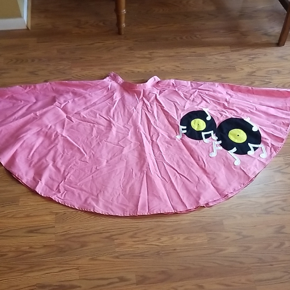 Hand Crafted Pink Circle Skirt with Vinyl Record Design And Slip